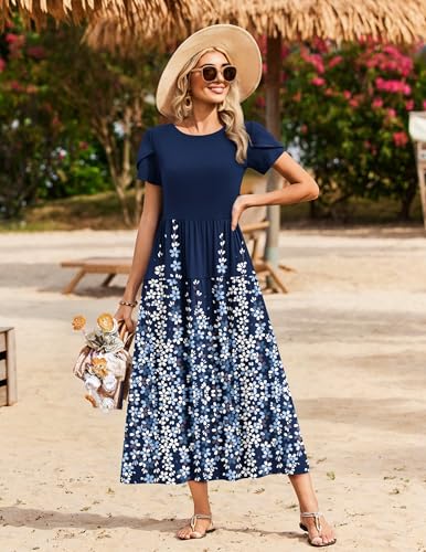 Image of Zeagoo Summer Dresses for Women 2026 Maxi Bohemian Floral Short Sleeve Long Dress Casual Flowy Tired Beach Sundress