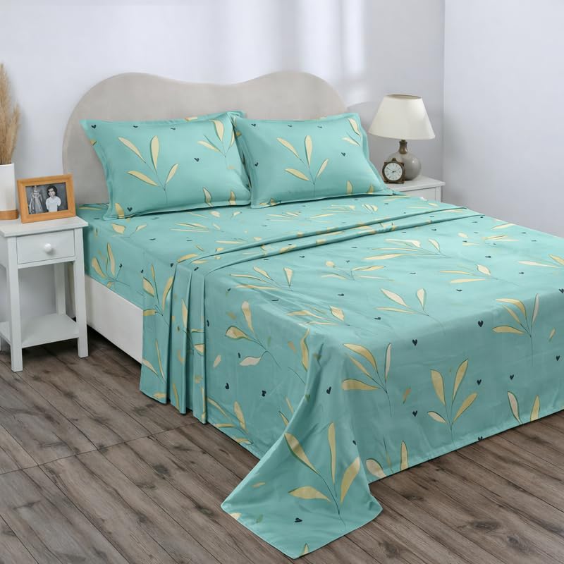 Image of BSB HOME Double Bedsheet 144 TC Microfiber with 2 Pillow Covers | Smooth, Lightweight & Quick-Dry Bed Sheet Set | Comfortable Bedding for Home, Guest Room & Daily Use - Seafoam Leaf