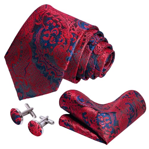 Image of 5PCS Mens Silk Tie, Pocket Square, Cufflinks, Drilled Tie Ring and Lapel Pin Set for Wedding Groom Party