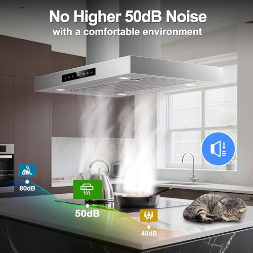 Image of 36 inch Island Range Hood Ceiling Mount 1200 CFM with 4-Speed Gesture Sensing & Touch Control, Ducted /Ductless Stainless Steel Kitchen Stove Vent Hoods with 4 LED Lights, Timer,Dishwasher-Safe Filters