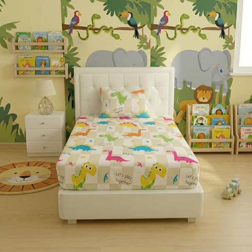 Image of Filymore Kids Dinosaur Bedsheet Single Bed | Cartoon Dino Print | 240 TC Microfiber | 90x60 inches | 1 Bedsheet + 1 Pillow Cover | Green & White