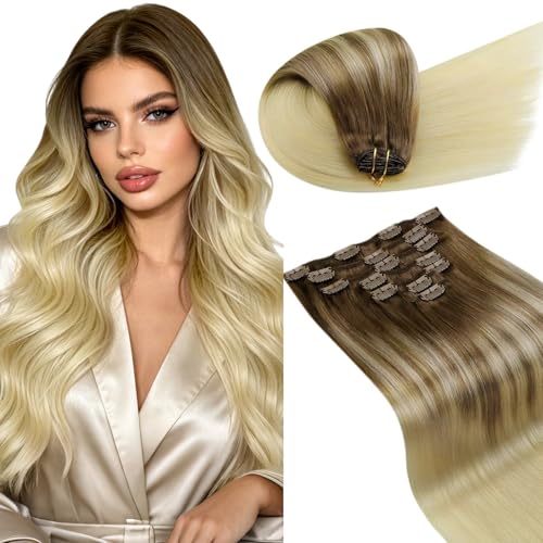 Image of LaaVoo Hair Extensions Clip Ins, Silky Straight, 18 Inch | Light Brown Gradient Flowing To Blonde Shades, 120g 7pcs, Clip In Hair Extensions Real Human Hair, Soft, Thick Full