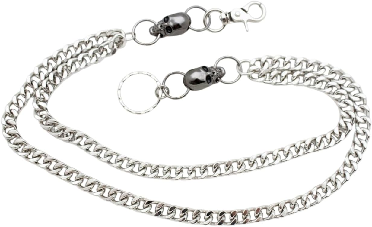 Trendy Fashion Jewelry TFJ Men Silver Wallet Chain Links Biker Gothic Gunmetal Skull Charm 2 Strands