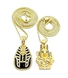 Fashion 21 Egyptian Iced Out Pharaoh King Tut, Anubis Pendant 2mm 24',30' Box Chain 2 Necklace Set Gold Black Tone (24'+30' Box Chain Set)