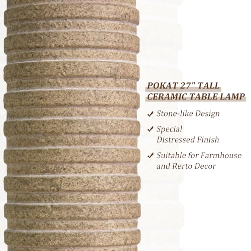PoKat 27'' Farmhouse Table Lamps Set of 2 for Living Room, Stone-Like Bedside Lamp for Bedroom, Boho Ceramic Tall Lamps for Nightstand Office Sideboard Entryway Distressed (Antique Beige) - Image 5