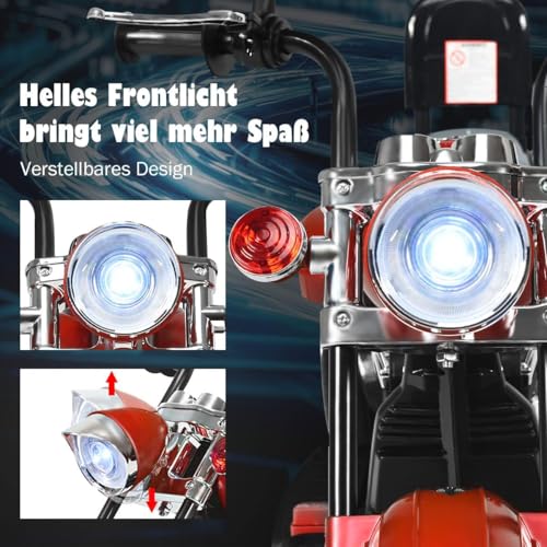 FANTASK 6V Elektro Motorrad Kinder 2,5-3 km/h, Geschwindigkeit KinderMotorrad mit verstellbaren Scheinwerfer Rot, Dreirad Elektromotorrad mit Sound, Hupe, Rückspiegel, Pedale – Bild 4