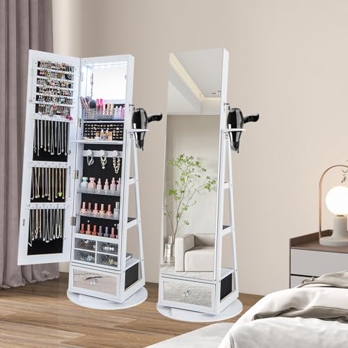 Joyero con soporte para secador de pelo HOMASIS espejo blanco giratorio 3