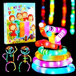 SCIONE 6 Pack Light Up Pop Tubes Fidget Toy Sensory Tubes Fine Motor Skills Toddler Toys LED Pop Glow Sticks Party Favours Glow in The Dark Party Supplies Stocking Stuffer for Kids Gift