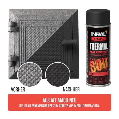 INRAL Hitzebeständiger Lack Schwarz –Auspufflack Schwarz Matt für Metalloberflächen - Langlebige, Hitzebeständige Farbe – 400 ml Schnell Trocknender Ofenlack Schwarz Matt für Heimwerker