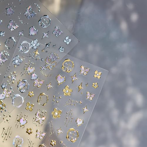 Image of Gold Nail Stickers Decals Flower Nail Art Stickers Butterfly Nail Decals 5D Embossed with Design Self Adhesive Nails Charms for Women Girls Kid Manicure DIY Decoration Accessories