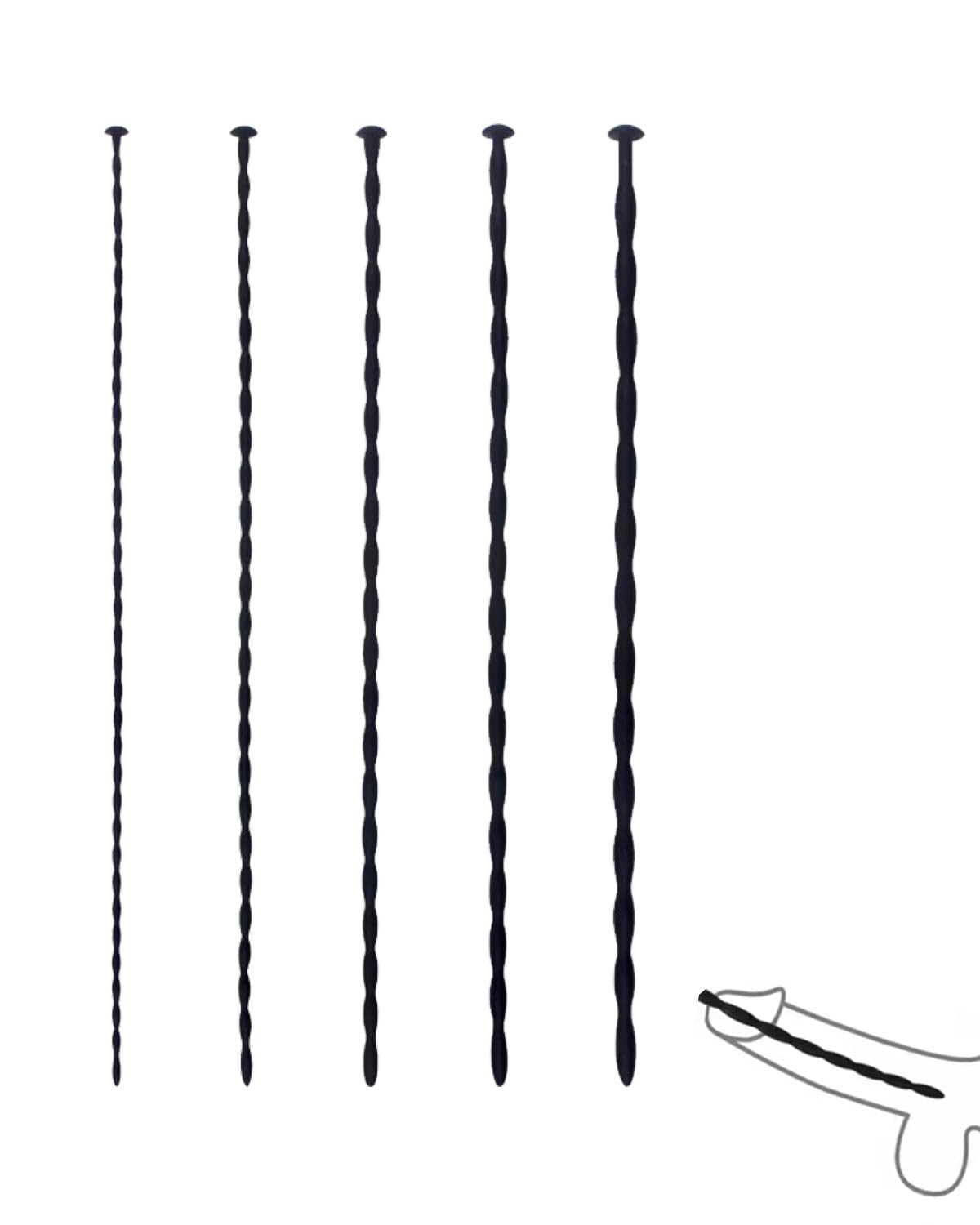 Dilatatore uretrale per pene,5 pezzi,Dilatatore uretrale da 300 mm con connettore,Asta uretrale filettata in silicone morbido,Giocattolo SM per adulti,Nero