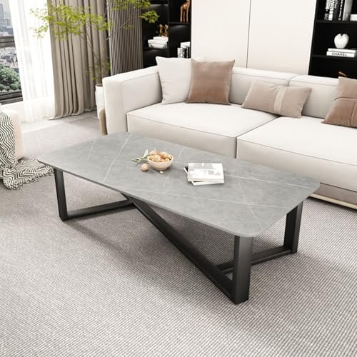 Moderna mesa de centro de piedra con diseño de losa de tatami con marco de hierro forjado de metal, mesa baja multiusos para dormitorio, hogar, sala de estar