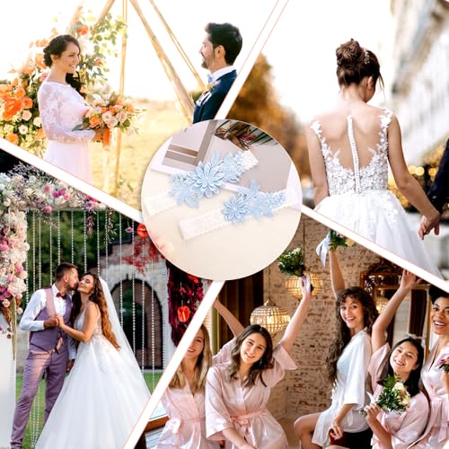 2 Pieces Wedding Garters for Bride, Blue Sexy Lace Leg Garter with Hand Sewn Faux Pearls Thigh Garter Party Prom Garter Set for Anniversary Prom Party Engagement Date3