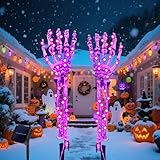 Taoushuleng Halloween Solar Skeleton Arm Stakes with 100 Purple LED Lights, Scary LED Bone Hands with 8 Lighting Modes for Pathway Garden Outdoor Decorations