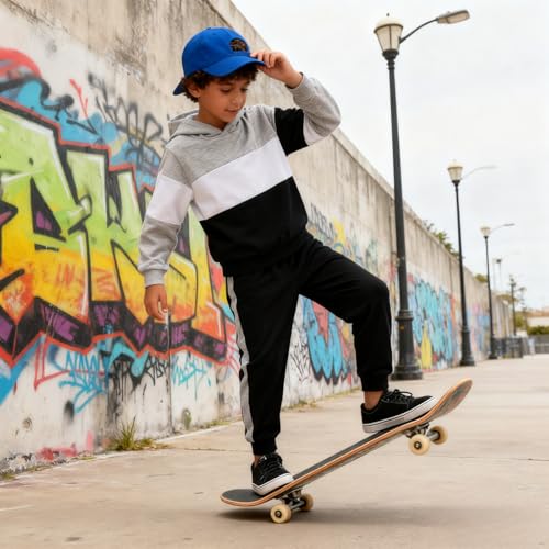 Image of 5-11Y Boys Clothes Long Sleeve Hooded Pullover Colorblock Sweatshirt + Pants 2pcs Fall Winter Outfit Set
