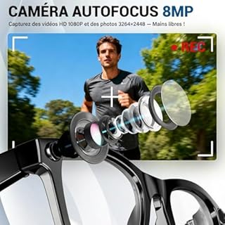 Lunettes Camera HD, 8MP 1080P Lunette Connectées IA, Processeur Double Cœur avec Assistant IA pour Traduction en Temps Réel, 410Mah Offrant 16 Heures d'Autonomie, Wi-FI Bluetooth Lunette Intelligente