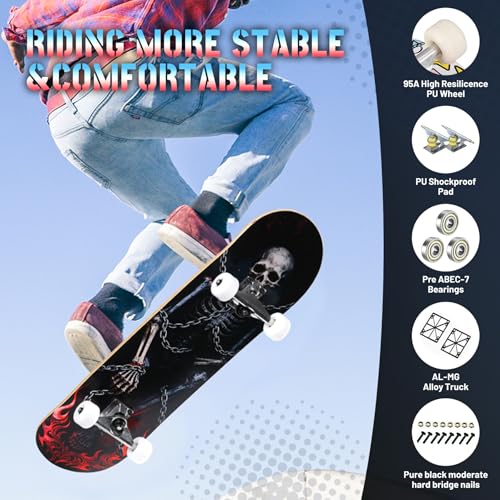Image of Pro Complete Skateboards for Beginners Girls Boys Kids Youths Teens Adults 31 inchx8 inch Skate Boards 7 Layers Canadian Maple Double Kick Deck Concave Longboard
