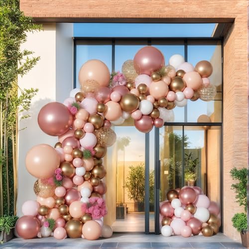 Image of PartyWoo Nude and Gold Balloon Arch Kit 140pcs Different Sizes of 18 12 10 5 Inch Metallic Gold White Pink Rose Gold Confetti Balloons for Wedding Engagement Princess Girl Birthday Party Decorations