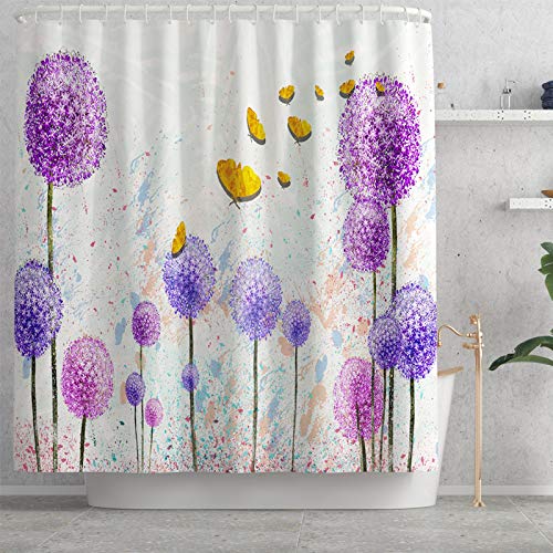 Badezimmer Duschvorhang-Set, Morbuy Badezimmer Anti-Rutsch-WC-Vorleger + Deckel WC-Abdeckung + Badematte + Duschvorhang Löwenzahn Blumen Druck für Küche Dusche und Toilette (4-teiliges Set,C) – Bild 3