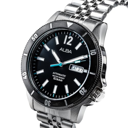 Image of ALBA AL4645X1 Automatic Analog Watch for Men | Black Dial | Japanese Y676 Automatic Movement | 44 mm Stainless Steel Case | Two-Way Rotating Bezel | Stainless Steel Bracelet | Day & Date Display | Mineral Crystal | 10 BAR Water Resistant