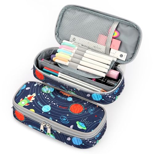Image of mibasies Boys Pencil Case for Kids, Multi-Slot Pencil Pouch, Galaxy LightGray