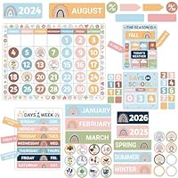 132 Pcs Boho Rainbow Bulletin Boards Calendar for Classroom Wall Décor, with Days of The Week, Days in School, Weather Season Chart, Holiday & Birthday Cards, Back to School Decoration