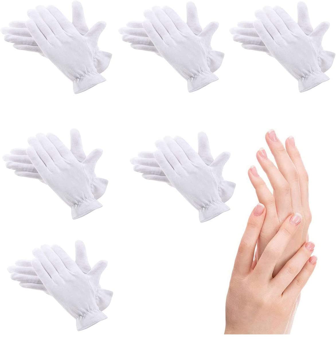 CGBOOM6 Pairs Moisturizing Gloves Over Night Bedtime White Cotton | Cosmetic Inspection Premium Cloth Quality | Eczema Dry Sensitive Irritated Skin Spa Therapy Secure Wristband| One Size Fits Most