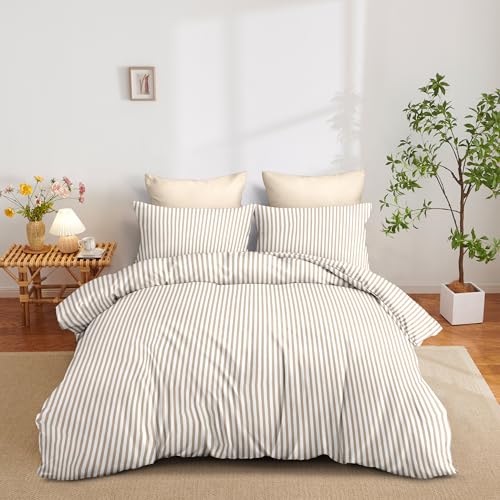 Image of Nayoroom Tan Striped Duvet Cover Queen Size Light Brown Stripe Duvet Cover Dorm Bedding Set 3 Pieces Soft Lightweight Washed Microfiber Farmhouse Bedding Set Gifts for Women Men