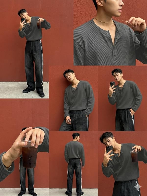 Image of Imsa Moda Men's Textured Fabric Solid Half-Open Collar T-Shirt | Full Sleeve Casual Shirt for Men | Comfortable Fall Wear