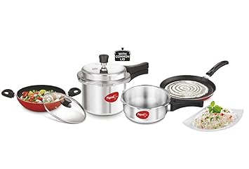 Pigeon Metal Starter Kit Mini Containing 2 and 3 Litre Pressure Cooker Outer Lid, One Flat Tawa 250 Mm and Kadai 240Mm with Glass Lid, Silver