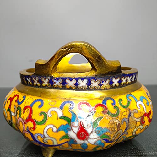 6" Chinese Temple Collection Old Bronze Cloisonne Enamel Three-Legged Binaural Pumpkin Incense Burner Ornaments Town House #TOP3