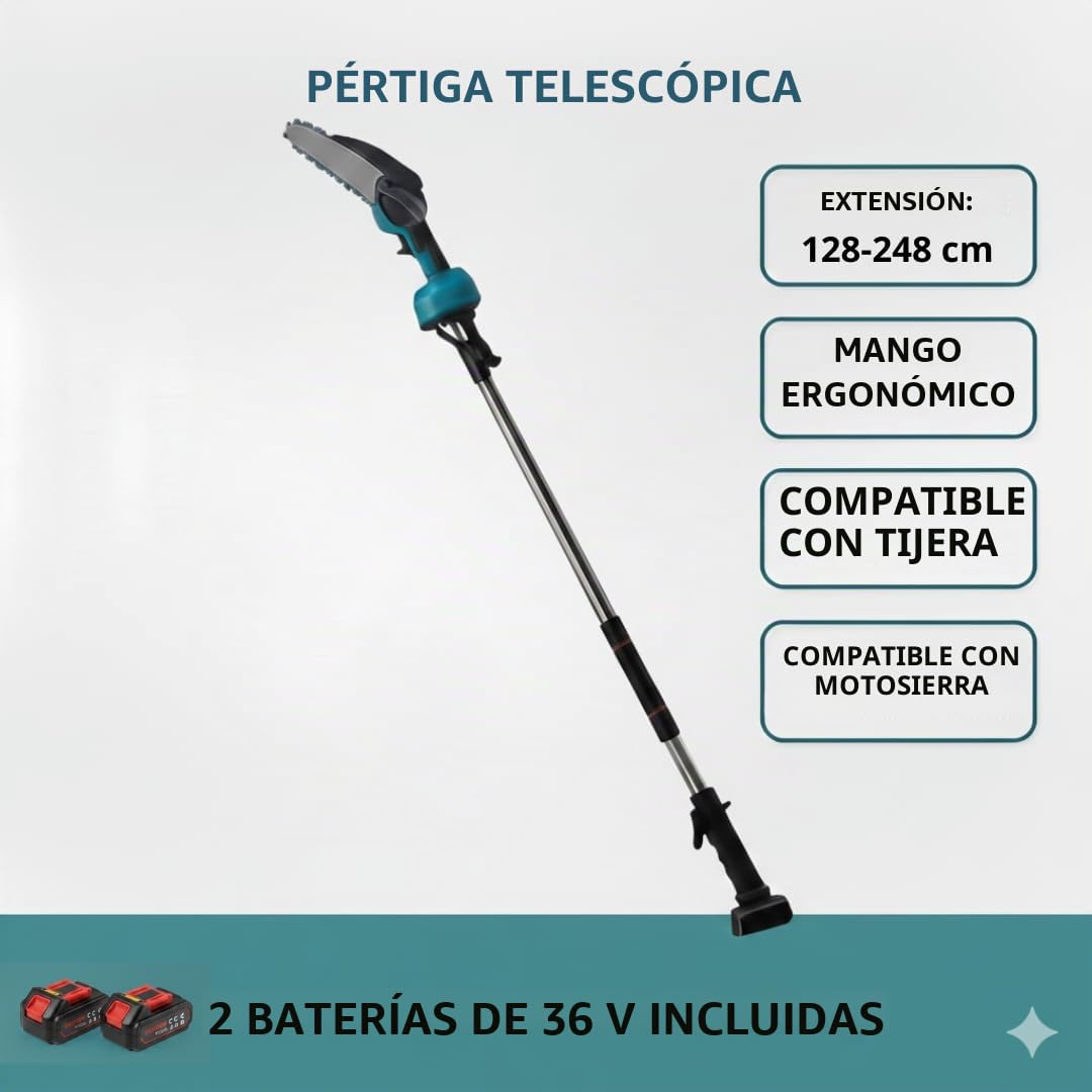 Tijeras de Podar Electricas Inalámbricas y Motosierra Electricas con Asta Telescópica de 128 a 248 cm, Kit 3 in 1 Profesional por la Podadura de Jardín, Ramas, Arbustos y Viñedo