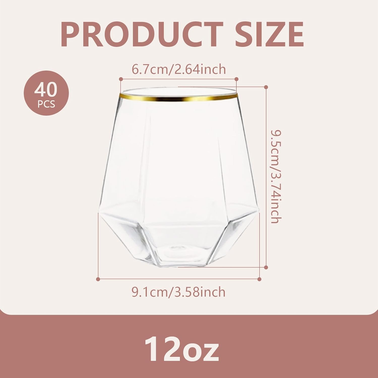 40 Pcs Plastic Stemless Wine Cups,12 oz Gold Rim Plastic Diamond Wine Glass Disposable Drinking Glasses Unbreakable Cocktail Whiskey Champagne Glasses for Housewarming Birthday Party Wedding - Image 2