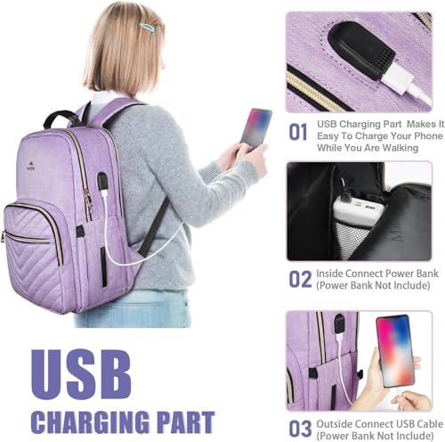 MATEIN Laptop Backpack for Women, Anti Theft 15.6 inch College School Bookbag for Girls with USB Charging Port, Water Resistant Stylish Travel Computer Work Backpack for Nurse, Purple3