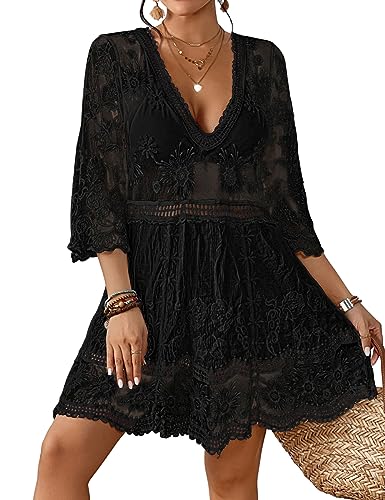 Bsubseach Kontrast Spitze Coverups für Frauen Sexy V-Ausschnitt Bikini Bademode Badeanzug Cover Up Strandkleid Schwarz