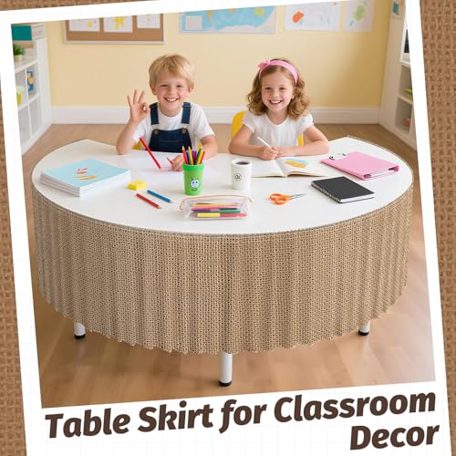 Image of 9FT Ruffle Burlap Pattern Table Skirt Teacher Desk Skirt for Classroom Decor Rectangle Table Cloth Desk Cover for Back to School Decorations Farm Birthday Party Supplies Office Bookcase Cabinet