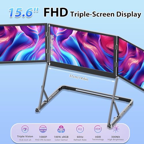 Image of 3 Screen Monitor for Laptop Triple Display Monitor 15.6 Inch 300nit 360 Rotation Compatible with Windows /Mac for Home Office