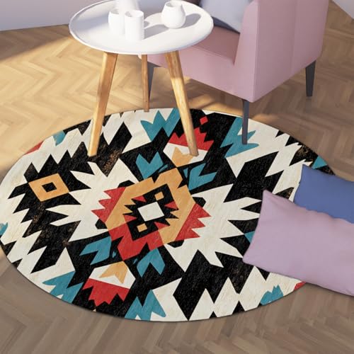 Tapis rond aztèque lavable 150cm géométrique rustique pour salon - 4