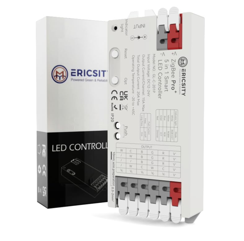 Ericsity Ericsity ZigBee 3.0 Pro+ Smart LED Controller 5 in 1, 2.4GHz WiFi PWM LED Controller 20A Max DC12-24V Kompatibel mit Hu-e, Alexa, Tuya, Amazon Echo für Dimmer CCT RGB RGBW RGBCCT LED-Streifen