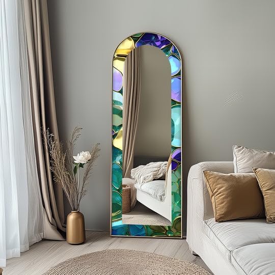 23,5’’W x 67’’H Luxe Gem-Tone Glass Effect – Abstract Floor Mirror Arched Full Lenght Mirror - Arch Full Body Stained Floor Mirror with Black Frame with Black Frame