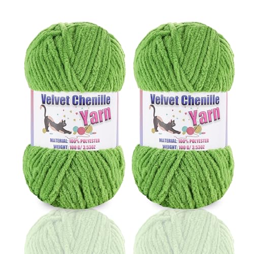Image of 2 * 100g /3.5oz Fluffy Chenille Yarn for Crocheting, Chunky Velvet Yarn for Crochet Amigurumi, Used for Making Baby Yarns Blanket, Clothes, Pattern Knitting Creations (Grass Green)