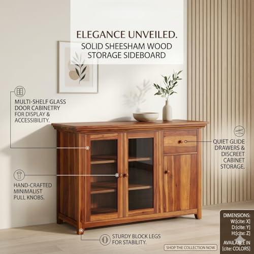 Image of Kitchen Crockery Cabine Units, Wood Kitchens Cabinet with Glass Door, Kitchen Storage Cabinet, Wooden Chests of Drawers & Dressers, Sideboard Cabinets for Living Room, Honey Finish
