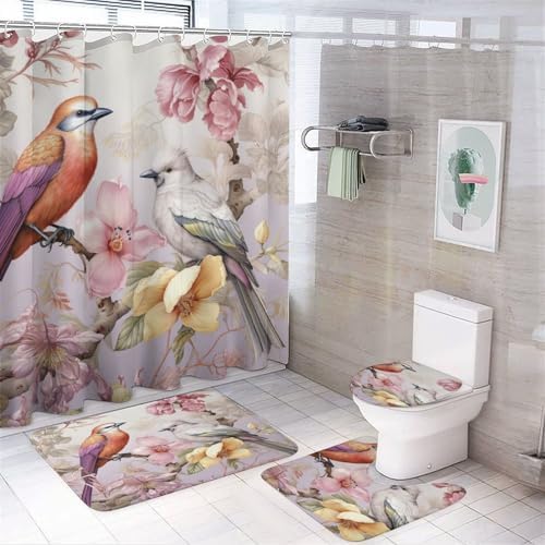 4 Piece Bathroom Rug Set with Shower Curtain with Rugs Include Waterproof Shower Curtain Non-Slip Rug Toilet Lid Cover Bath Mat Birds and Flowers Waterproof Shower Curtain Spring Flower Bird