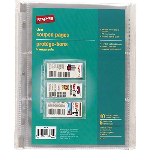 Staples 403487 3 Pocket Heavy-Duty Coupon Pages Clear 5-Inch x 8-Inch 10/Pack (41178)