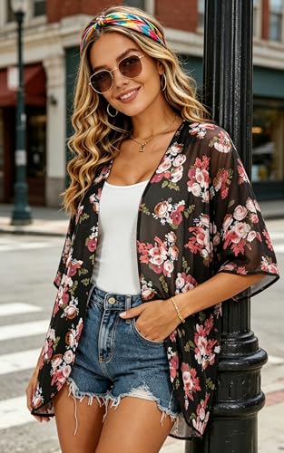 Image of FINOCEANS Womens Floral Chiffon Kimono Cardigans Loose Beach Cover Up Half Sleeve Tops