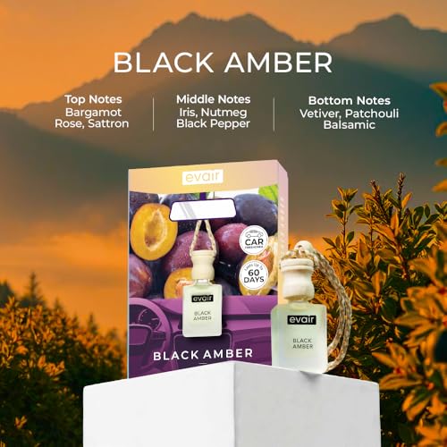Image of Evair Black Amber Car Air Freshener | Hanging Car Perfume | Premium Car Fresheners | Car Aroma with Essential Oils| Hanging Perfume for Car in Glass Bottle with Wooden Diffuser Lid (10ml, Pack of 1)
