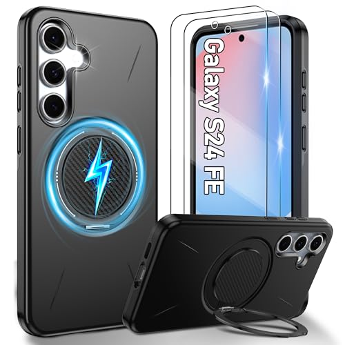 Gritup für Samsung Galaxy S24 Fe Hülle für Magsafe mit 2 Stück HD-Bildschirmschutz eingebauter Kickstand Dual Layer Stoßdicht Kamera Guard Schutz in Militärqualität for S24 Fe 5g Case-Schwarz