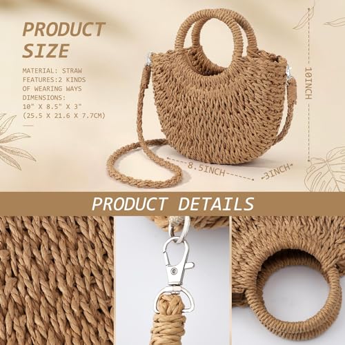 Handwoven Straw Bag Summer Purses for Women Round Half Moon Design Crossbody Woven Purse with Braided Handle for Beach, Party, Vacation4