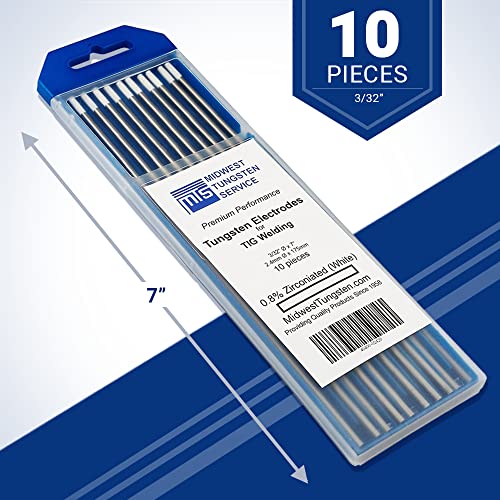 Midwest Tungsten Service Tig Welding Tungsten Electrodes 10-Pack (White - 0.8% Zirconiated Tungsten (Wz8, Ewz-0.8), 3/32") #TOP1