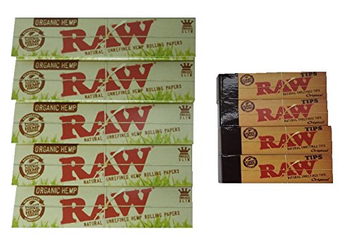 LL Consumables Raw Organic Rolling Papers [5 Packs] with Raw Tips Roaches [4 Booklets]